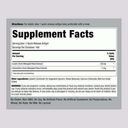 Piping Rock Lutein and Zeaxanthin Supplement | 20mg | 180 Softgels | from Marigold Extract | Non-GMO, Gluten Free