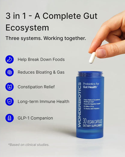 3-in-1 Gut Health Probiotics with Digestive Enzymes - 30 CT | 60B CFU, 12 Clinically Studied Strains & Prebiotics, Bloating & Gas Relief, Regularity, Digestive Health for Women & Men