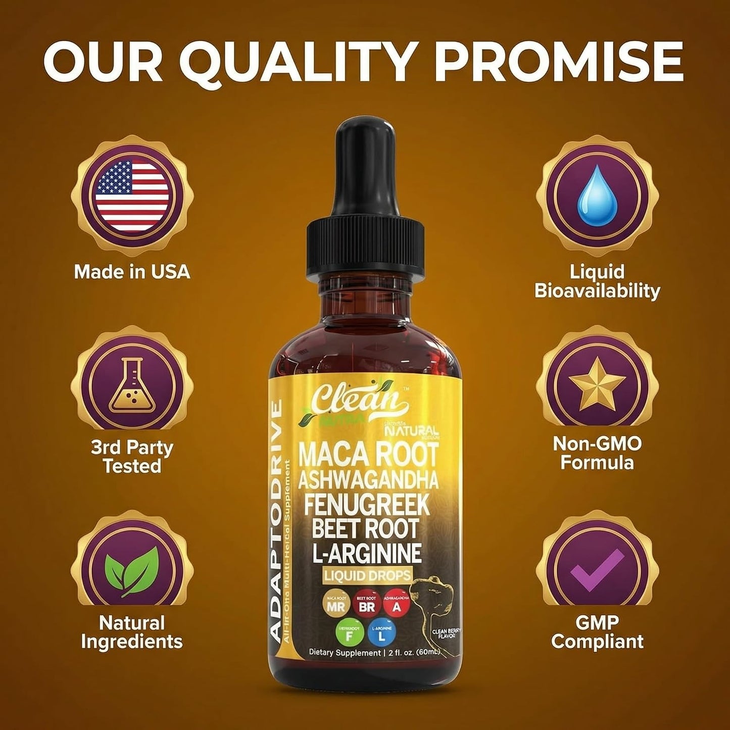 Clean Nutra Organic Maca Root Liquid Drops with Ashwagandha, Fenugreek, Beet Root and L-Arginine Liquid Multivitamin for Women and Men - Adapto Drive