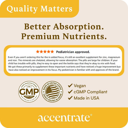 Accentrate Minerals - Magnesium Supplement for Kids – Chelated Magnesium Zinc Iron (Mg Zn Fe) – Mental Wellness Mineral Supplement for Focus, Mood & Brain Support – Bioavailable – 60 Capsules