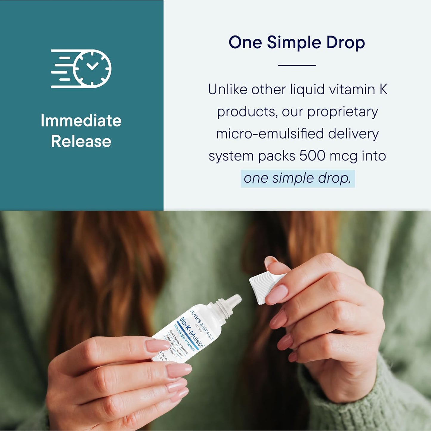 BIOTICS RESEARCH Bio K Mulsion Liquid Vitamin K Drops - 500 mcg/S - Vitamin K1 phytonadione for Adults - VIT K Supplement - Strong Bones, Heart Health, Blood Clotting Support, 1 fl oz