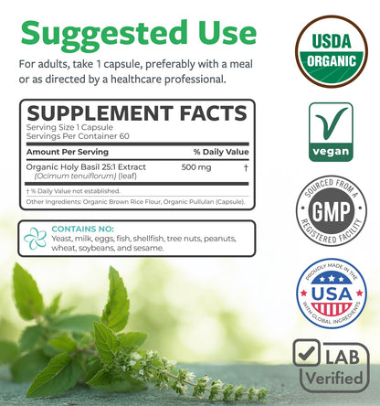PURE CO USDA Organic Holy Basil Supplement – High Potency Organic Holy Basil 500mg 25:1 Extract 1 Capsule Per Serving – High Strength Tulsi Extract – 60 Vegan Capsules – Non-GMO & Made in USA