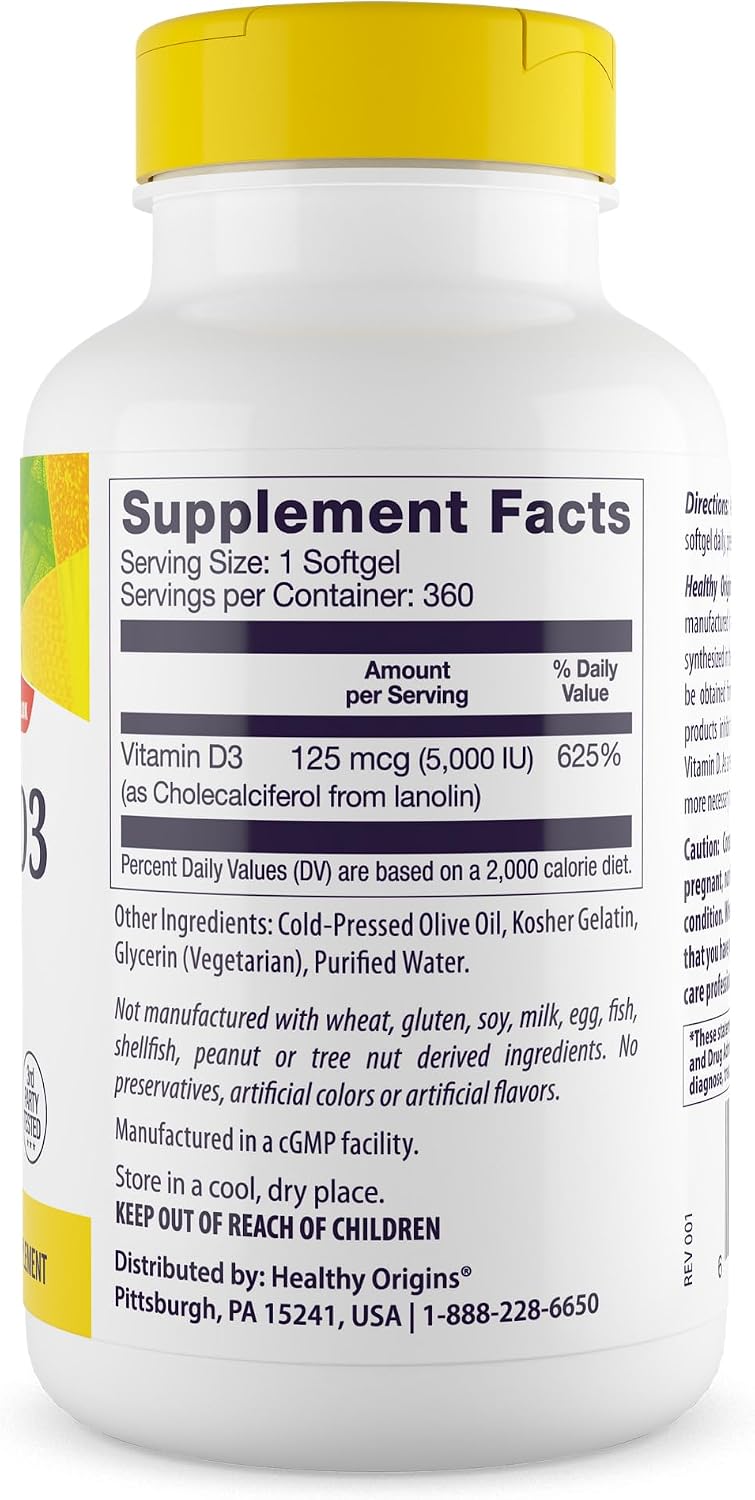 Healthy Origins Vitamin D3 5,000 IU, Lanolin, 360 Softgels