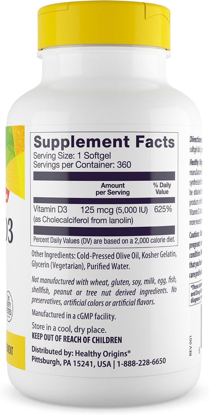 Healthy Origins Vitamin D3 5,000 IU, Lanolin, 360 Softgels