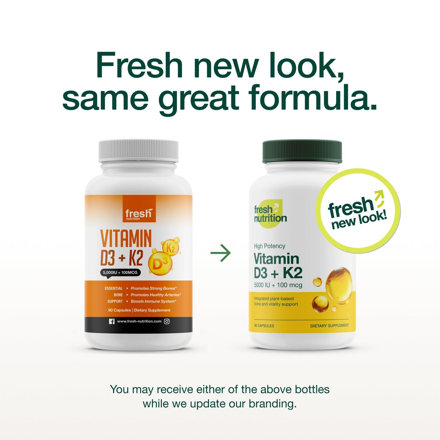 Fresh Nutrition Vegan Vitamin D3 + K2 Capsules - 5000 IU D3 + 100mcg K2 as MK-7 for Optimal Absorption - Immune Health, Bone Health, Mood - Non GMO - 90 Capsules, 3 Month Supply