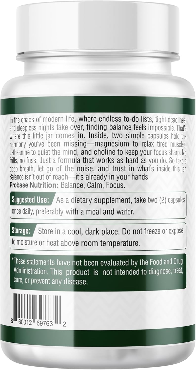 Probase Nutrition Magnesium Complex Plus with Glycinate, Malate, L-Theanine and Choline - Natural Support for Sleep and Cognitive Function - 60 Capsules