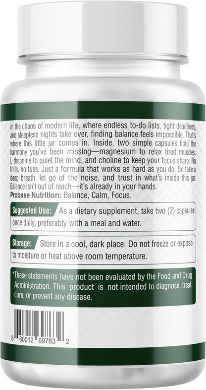 Probase Nutrition Magnesium Complex Plus with Glycinate, Malate, L-Theanine and Choline - Natural Support for Sleep and Cognitive Function - 60 Capsules