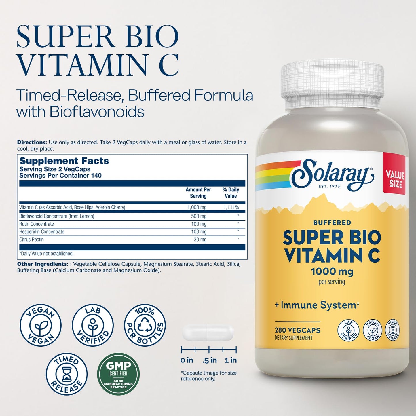 SOLARAY Super Bio Vitamin C 1000mg, Buffered, Two-Stage Timed Release with Bioflavonoids, Immune Support Supplement, High Absorption, Vegan, 60-Day Guarantee – 250 VegCaps