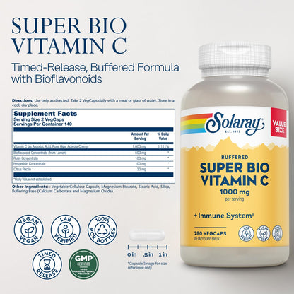 SOLARAY Super Bio Vitamin C 1000mg, Buffered, Two-Stage Timed Release with Bioflavonoids, Immune Support Supplement, High Absorption, Vegan, 60-Day Guarantee – 250 VegCaps
