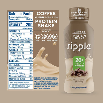 Ripple Vegan Protein Shake | Coffee Flavor | 75mg of Caffeine | 20g Nutritious Plant Based