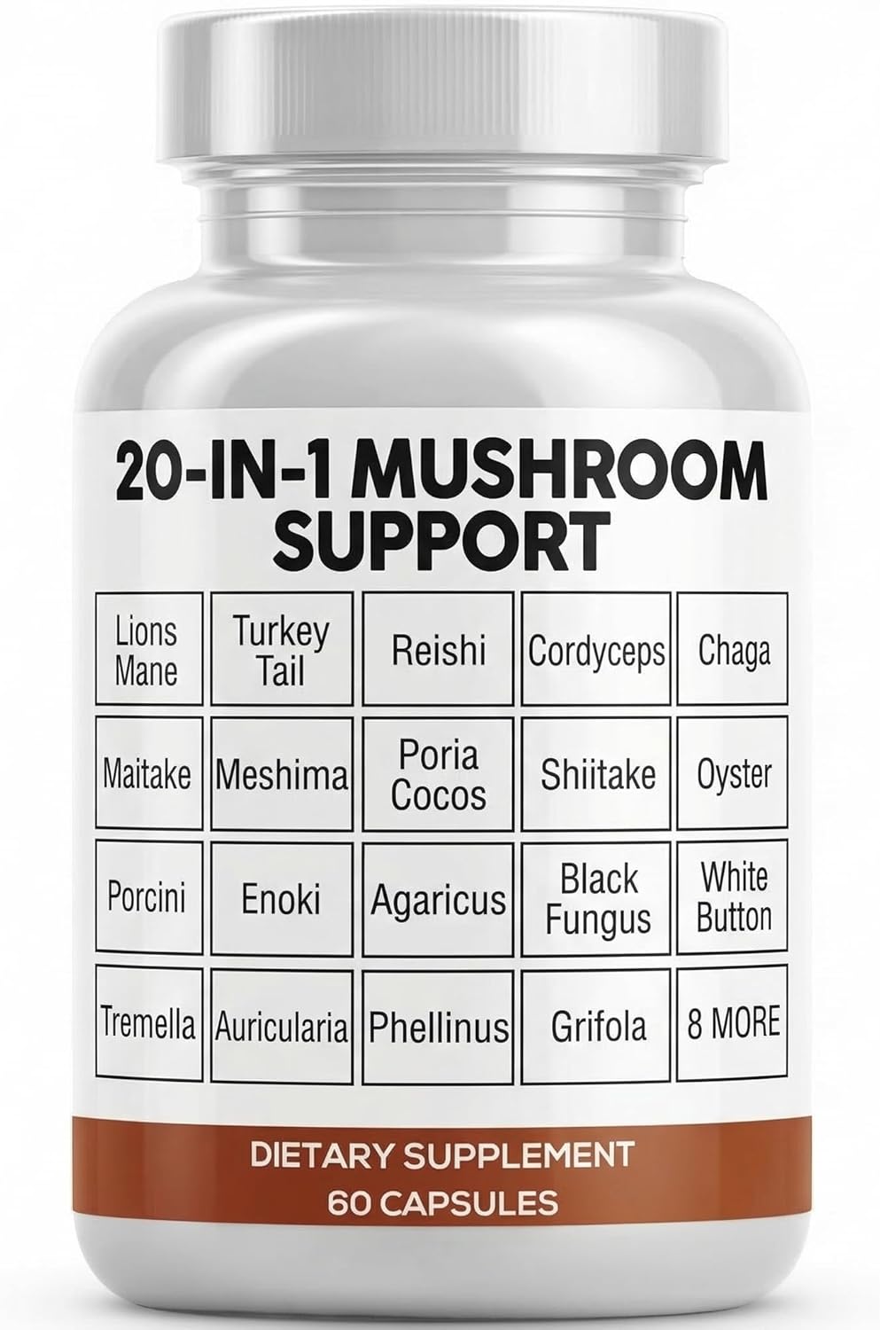 Clean Nutraceuticals Lions Mane 20in1 Mushroom Supplement with Turkey Tail Reishi Cordyceps Chaga Maitake Meshima Poria Cocos Shiitake Oyster Porcini Enoki - 1 Pack