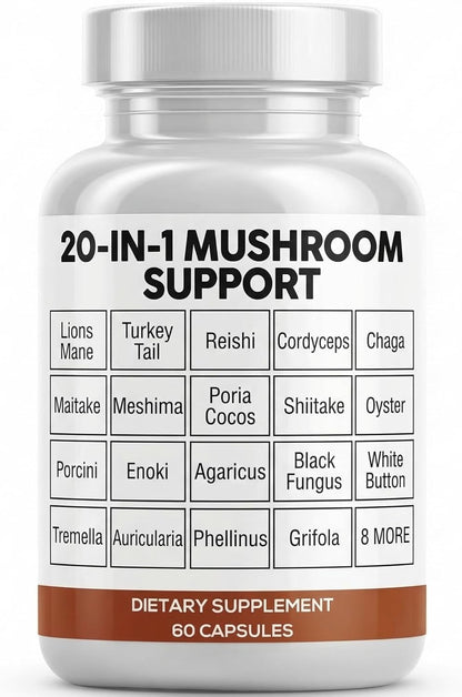 Clean Nutraceuticals Lions Mane 20in1 Mushroom Supplement with Turkey Tail Reishi Cordyceps Chaga Maitake Meshima Poria Cocos Shiitake Oyster Porcini Enoki - 1 Pack