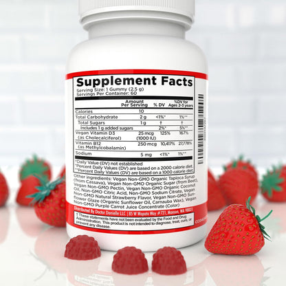 Vitamin D3, B12 Gummies by Dr. Danielle, Vegan Daily Supplement for Adults & Kids, Non-GMO, Vitamin D3 1000 IU & 250 mcg Vitamin B12, 2 Month Supply (60 Gummies)