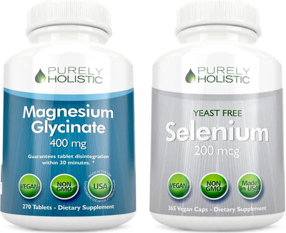 Magnesium Glycinate 400mg + Selenium 200mcg - Vegan Bundle - 270 Tablets & 365 Capsules - Made in USA