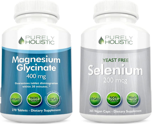 Magnesium Glycinate 400mg + Selenium 200mcg - Vegan Bundle - 270 Tablets & 365 Capsules - Made in USA