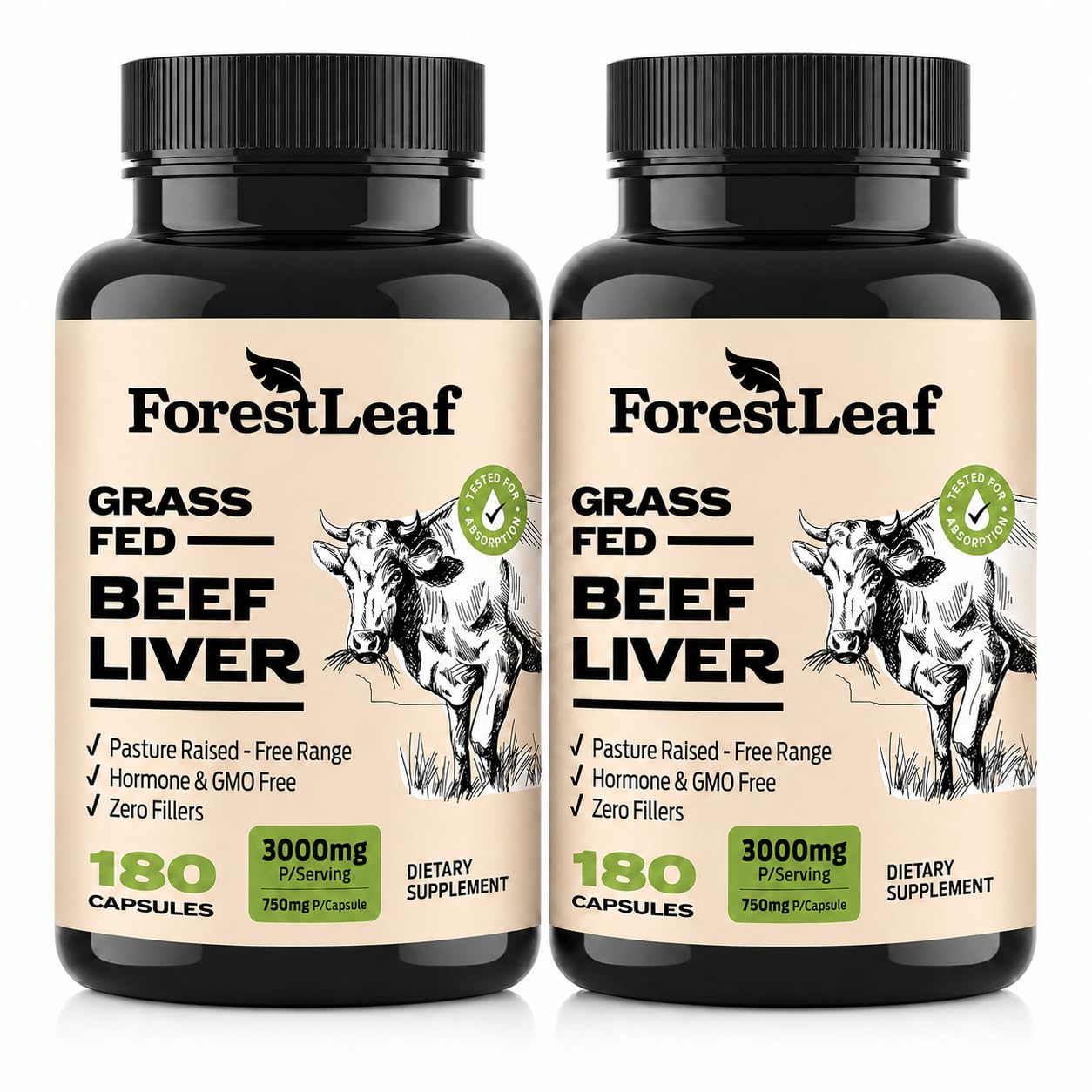 ForestLeaf Grass Fed Beef Liver Capsules, 3000mg Per Serving, Supports Immunity & Body Wellness, Cleansing, Digestion, Natural Iron, Vitamin A and B12, Freeze Dried Beef Liver Supplement, 180 Caps