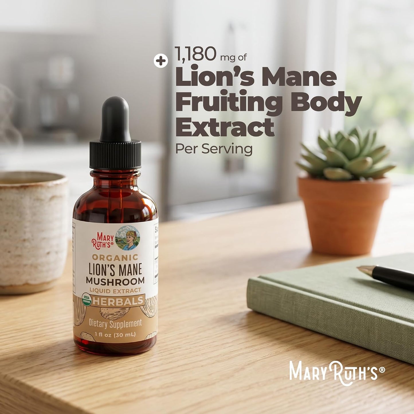 MARYRUTH'S Lions Mane Mushroom Supplement | Nootropic USDA Organic Lions Mane Extract 1,180mg | Nervine Herbal Liquid Drops | Brain Health | Focus & Memory | Non-GMO | Vegan | Alcohol Free | 1 Fl Oz