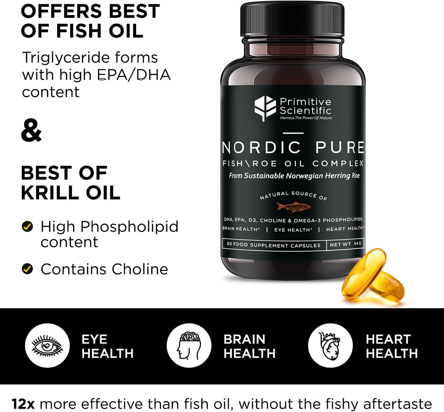 Primitive Scientific Nordic Pure Oil Complex (60 Fish Oil Capsules) for Brain, Immunity & Vision - Heart Supplement w/EPA, DHA, Vitamin D3, Choline - Omega 3 Supplements