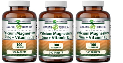 Amazing Formulas Calcium Magnesium Zinc D3-300 Tablets Per Bottle Supplement (Calcium 1000mg - Magnesium 400mg - Zinc 25mg Plus Vitamin D3 600 IU - Per Serving of 3 Tablets)