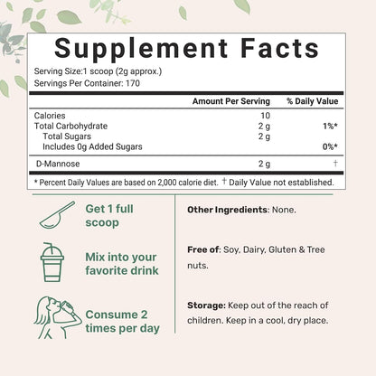 Micro Ingredients D Mannose Powder, Pure Mannose Supplement, Quick Water Soluble, Support Urinary Tract Cleanse & Bladder Health, Premium Mannose for Women and Men, Vegan Friendly.