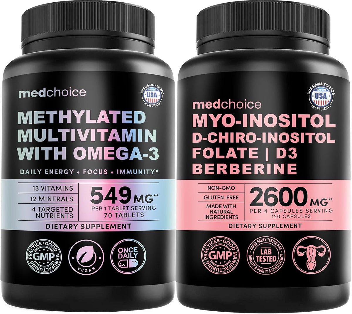 MEDCHOICE 29-in-1 Methylated Multivitamin for Men & Women with Omega 3, Active B12, 5-MTHF Folate (70ct) & 14-in-1 Women’s Inositol Complex Supplement - 40:1 Myo & D-Chiro Inositol (120ct) Bundle