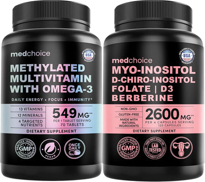 MEDCHOICE 29-in-1 Methylated Multivitamin for Men & Women with Omega 3, Active B12, 5-MTHF Folate (70ct) & 14-in-1 Women’s Inositol Complex Supplement - 40:1 Myo & D-Chiro Inositol (120ct) Bundle