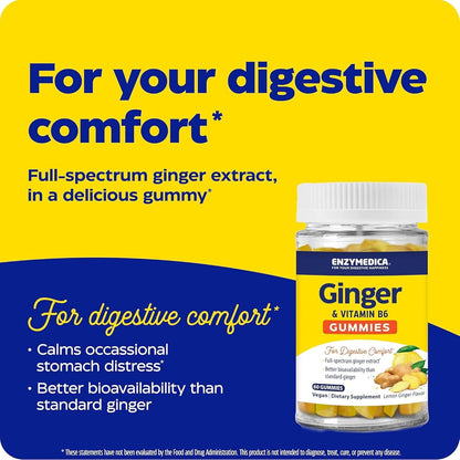 Enzymedica Ginger Root & Vitamin B6 Gummies for Adults, 60 Count | Daily Support for Digestive Comfort and Travel Wellness