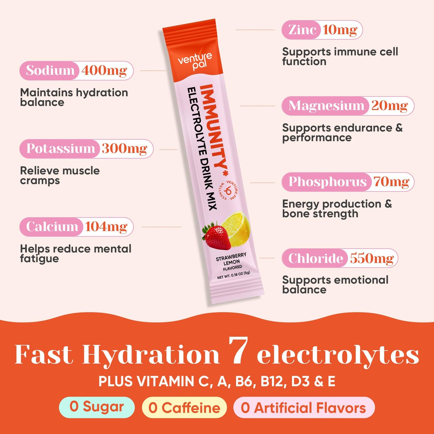 Venture Pal Sugar Free Hydration Packets+Immune-Liquid Daily IV Drink Mix | Electrolyte Powder with 7 Electrolytes & 6 Vitamins, Probiotics + Elderberry | Non-GMO, Keto Friendly, Vegan | 16 Sticks