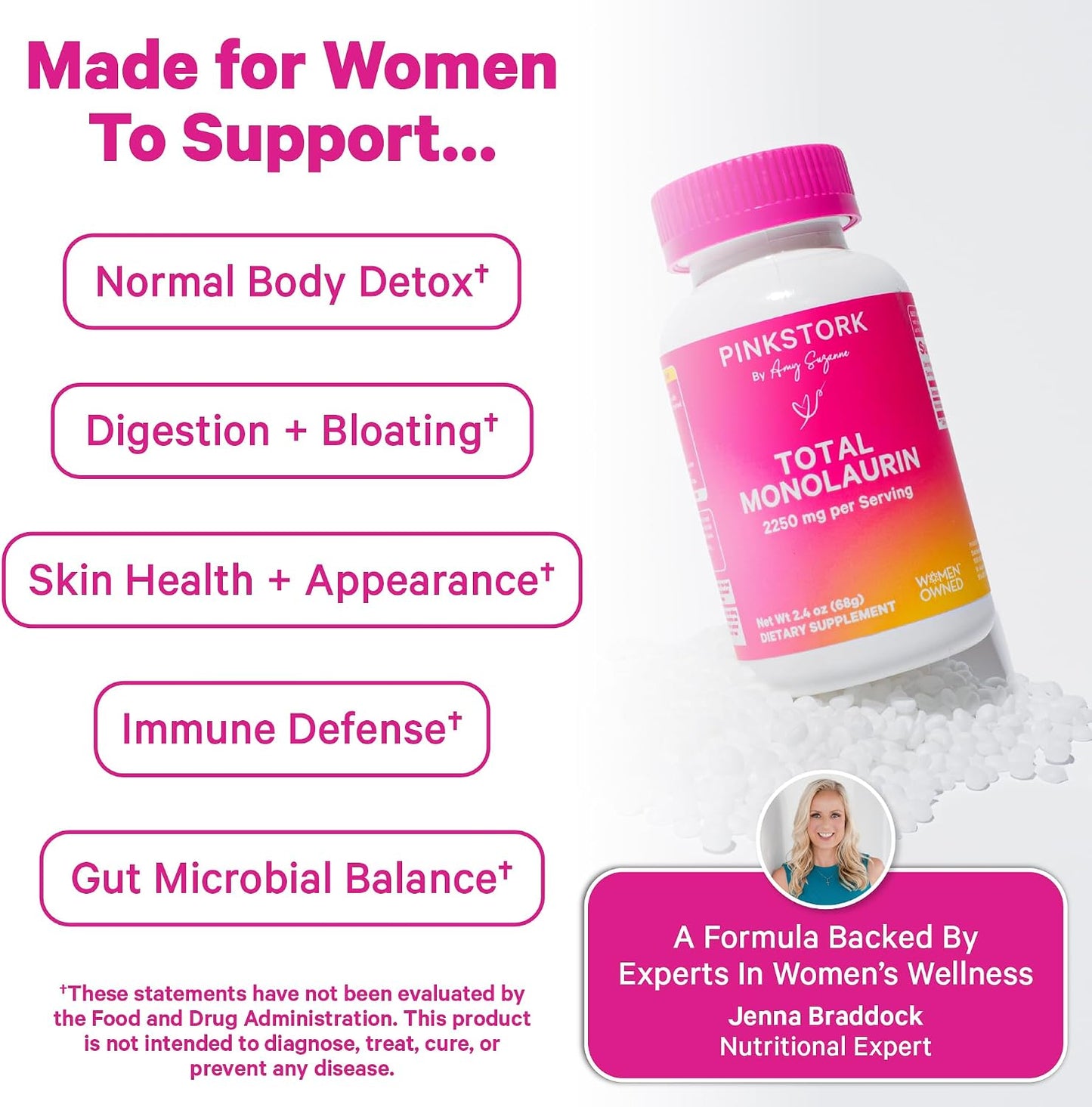 Pink Stork Monolaurin Pellets – Vegan Lauric Acid Immune & Gut Support for Women – Microbial Balance, Digestive Wellness – Odorless, Scoopable Monolaurin Supplement – 226g – 75 Servings