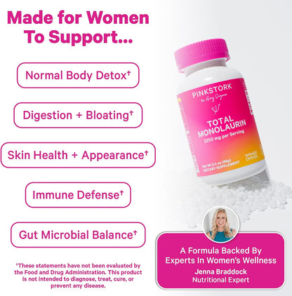 Pink Stork Monolaurin Pellets – Vegan Lauric Acid Immune & Gut Support for Women – Microbial Balance, Digestive Wellness – Odorless, Scoopable Monolaurin Supplement – 226g – 75 Servings