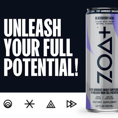 ZOA Plus Sugar-Free Pre-Workout Drink, Ready to Drink with Nitric Oxide, Vitamin B, C and D