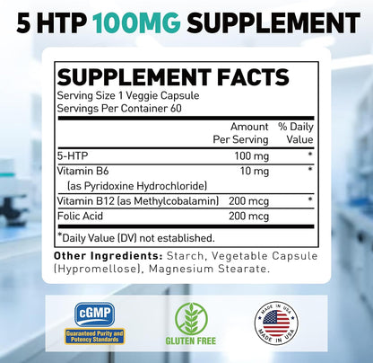 5-HTP 100mg Supplement with B6 & B12, Stress Relief, 60 Capsules | Supports Brain Function & Stress Relief | Enhanced with B6, B12 & Folic Acid | Vegan, Non-GMO, Gluten-Free, Made in USA