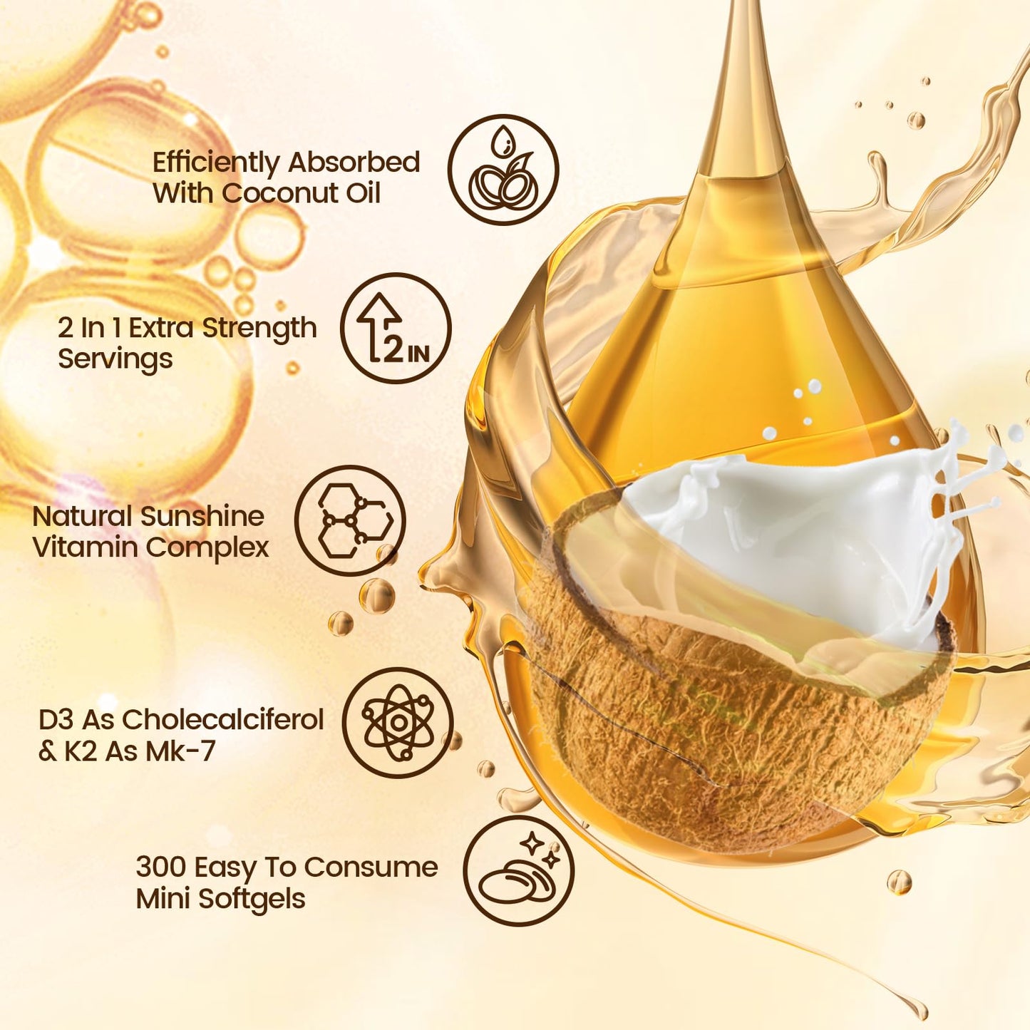 VivoNu Vitamin D3 K2 10000 IU with MK7-300 Virgin Coconut Oil Softgels, 2 in 1 Vitamins D & K Complex | Vitamina D3 con K2 (300 Softgels /1 Bag)
