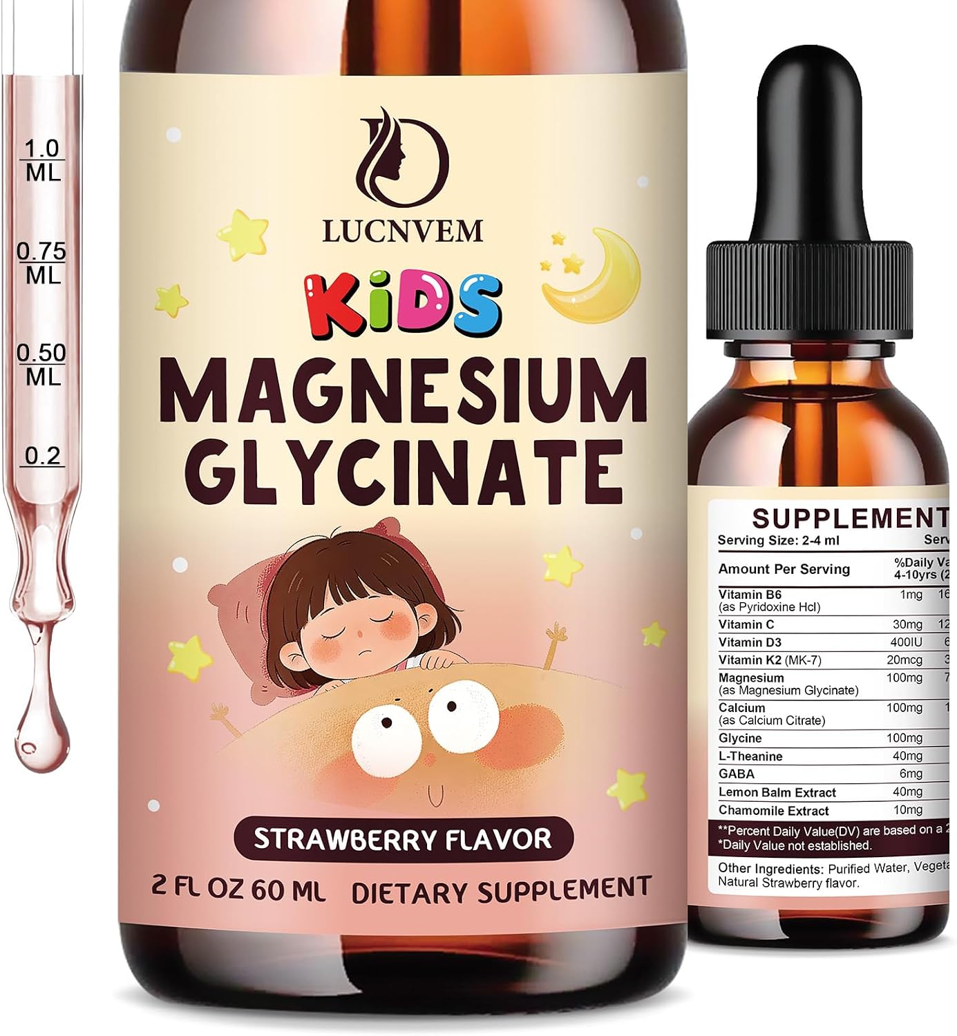 Magnesium Glycinate Liquid Drops for Kids 4+, Magnesium Glycinate 100/200 mg for Sleep, Relaxation & Calm Support, 11 in 1 Natural Gentle Sleep Aid for Kids, Sugar Free Strawberry Flavor, 2 Fl Oz