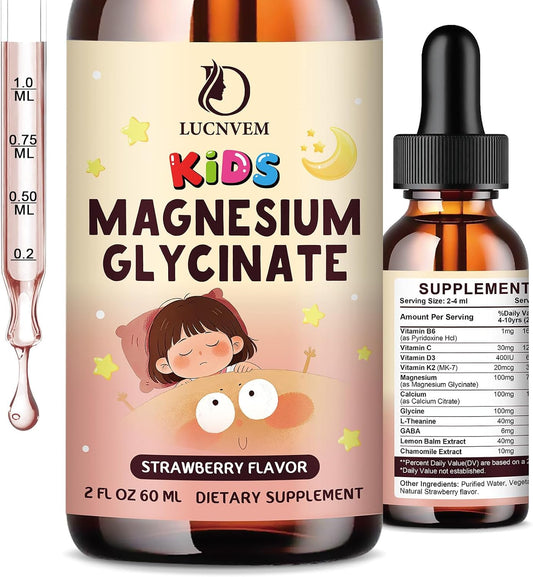 Magnesium Glycinate Liquid Drops for Kids 4+, Magnesium Glycinate 100/200 mg for Sleep, Relaxation & Calm Support, 11 in 1 Natural Gentle Sleep Aid for Kids, Sugar Free Strawberry Flavor, 2 Fl Oz