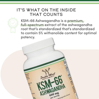 Double Wood Supplements Ashwagandha KSM 66 Organic and Clinically Studied Extract (600mg Per Serving, 120 Capsules, 60 Servings) Adaptogen Cortisol Manager for Women and Men