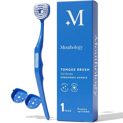 Soft Bristle Tongue Brush for Adults for Bad Breath, Halitosis & Oral Hygiene - Tongue Scraper Brush with Ergonomic Handle & Protective Cap for Easy Storage & Travel - 2 Pack