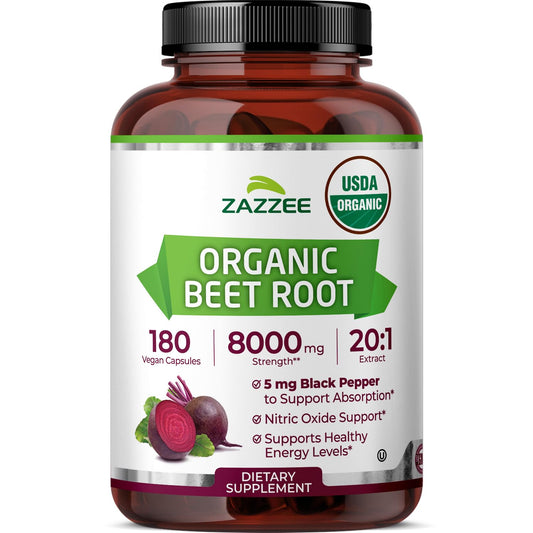 Zazzee USDA Organic Beet Root 20:1 Extract, 120 Vegan Quick Release Capsules, 4 Month Supply, Nitric Oxide Support, Black Pepper Extract for Enhanced Absorption, Certified Kosher, Non-GMO, Made in USA