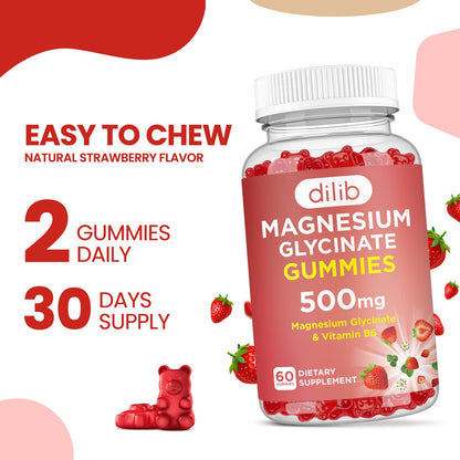 Magnesium Glycinate Gummies 500mg - Magnesium Supplement with Vitamin B6 for Adults & Magnesium for Kids - Calm Magnesium for Sleep, Mood, Muscle Support - Strawberry Flavor, 60 Gummies