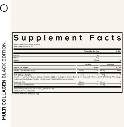 Codeage Multi Collagen Peptides Powder + Probiotics Black Edition, Vitamin C, Hyaluronic Acid Powder Supplement, Grass-Fed, Hydrolyzed, Zero Carbs, Type I, II, III, V & X, Unflavored, 10.58oz