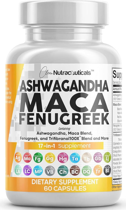 Clean Nutraceuticals Ashwagandha Maca Root Fenugreek Supplement with Tongkat Ali Ginseng - Assists with Stress, Mood & Thyroid - Ashwagandha Capsules Fenugreek Caps
