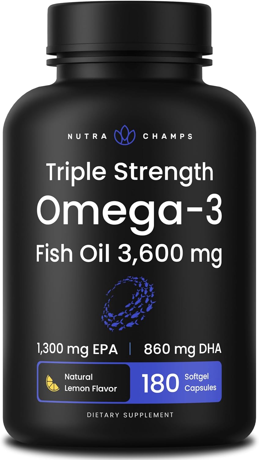 Triple Strength Omega 3 Fish Oil 3600 mg | EPA & DHA | 180 Softgels | Burpless Fish Oil Supplement, Wild Caught | Over 2100mg Omega-3 Fatty Acids Supplements | Natural Lemon Flavor Omegas 3 Pills