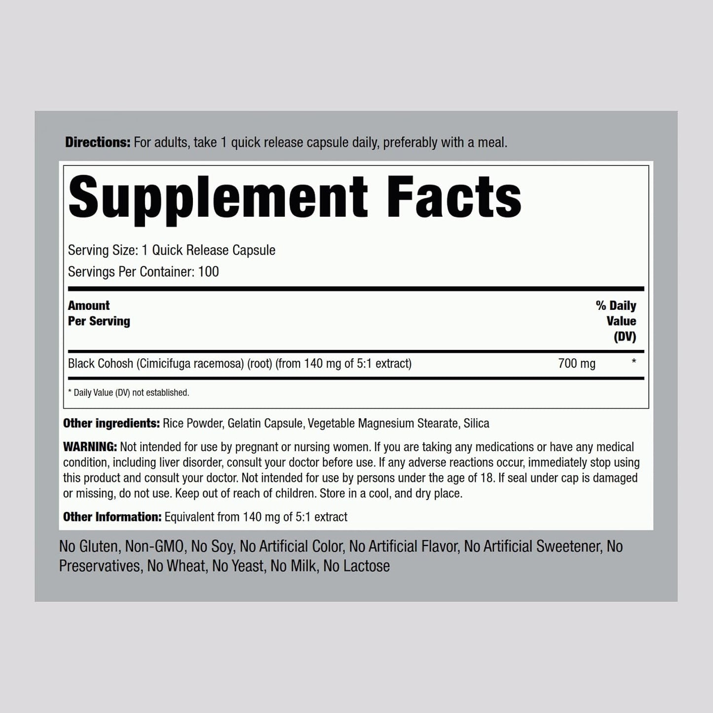 Piping Rock Black Cohosh Root Extract | 100 Capsules | Concentrated Formula | Non-GMO, Gluten Free Supplement