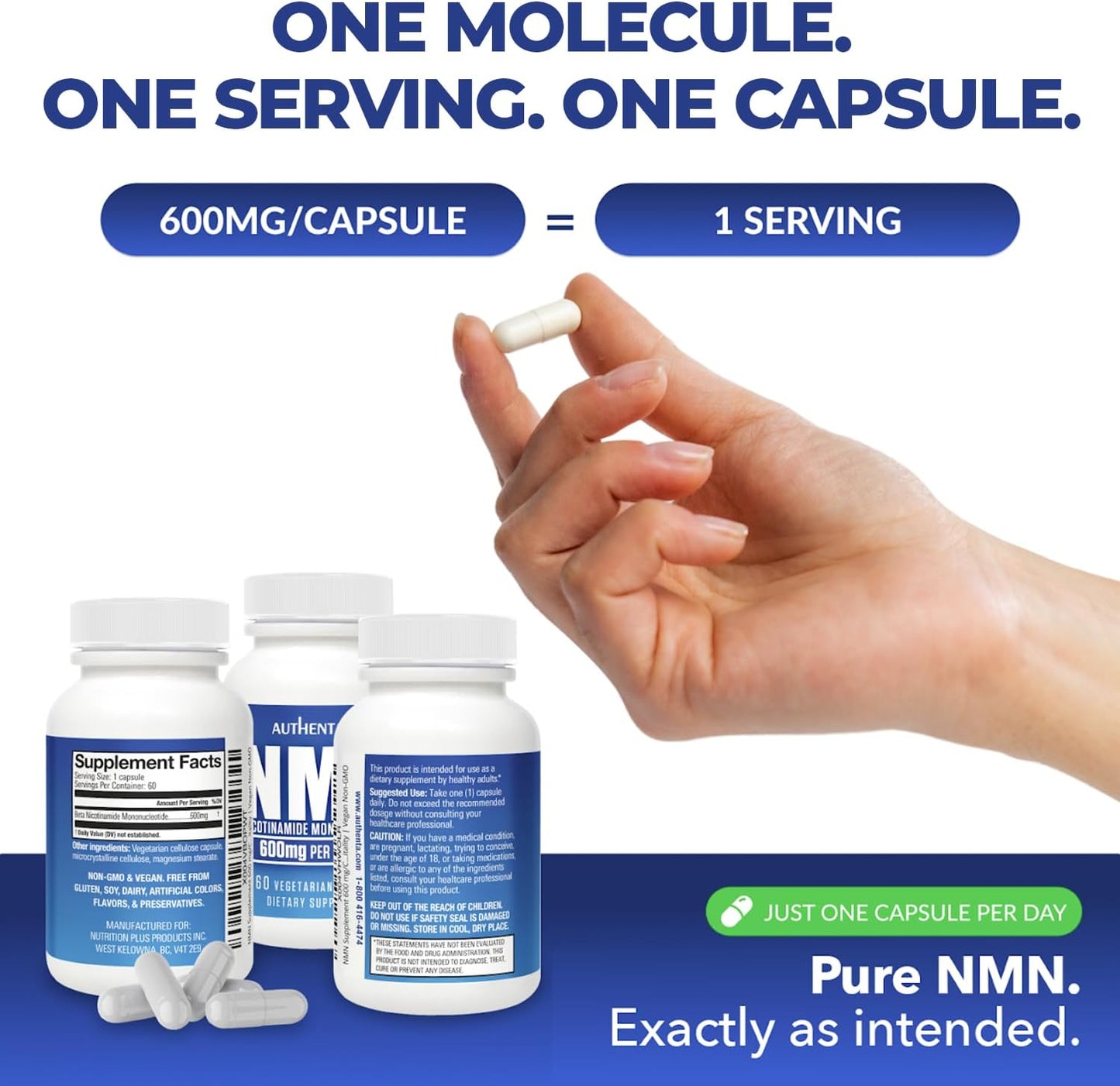 NMN Supplement 600 mg/Capsule Once Daily | 99% Pure Beta Nicotinamide Mononucleotide | Potent NAD⁺ Precursor | Supports Cellular Energy & Metabolism | Vegan, Non-GMO, Third-Party Tested & Gluten-Free