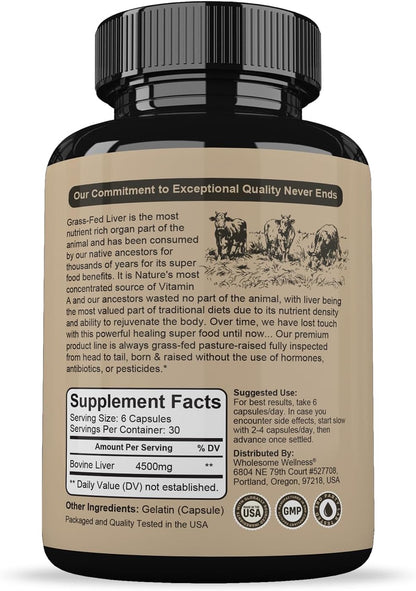 Wholesome Wellness Grass Fed Desiccated Beef Liver Capsules (180 Pills, 750mg Each) - Natural Iron, Vitamin A, B12 for Energy - Raised Undefatted in New Zealand Without Hormones or Chemicals