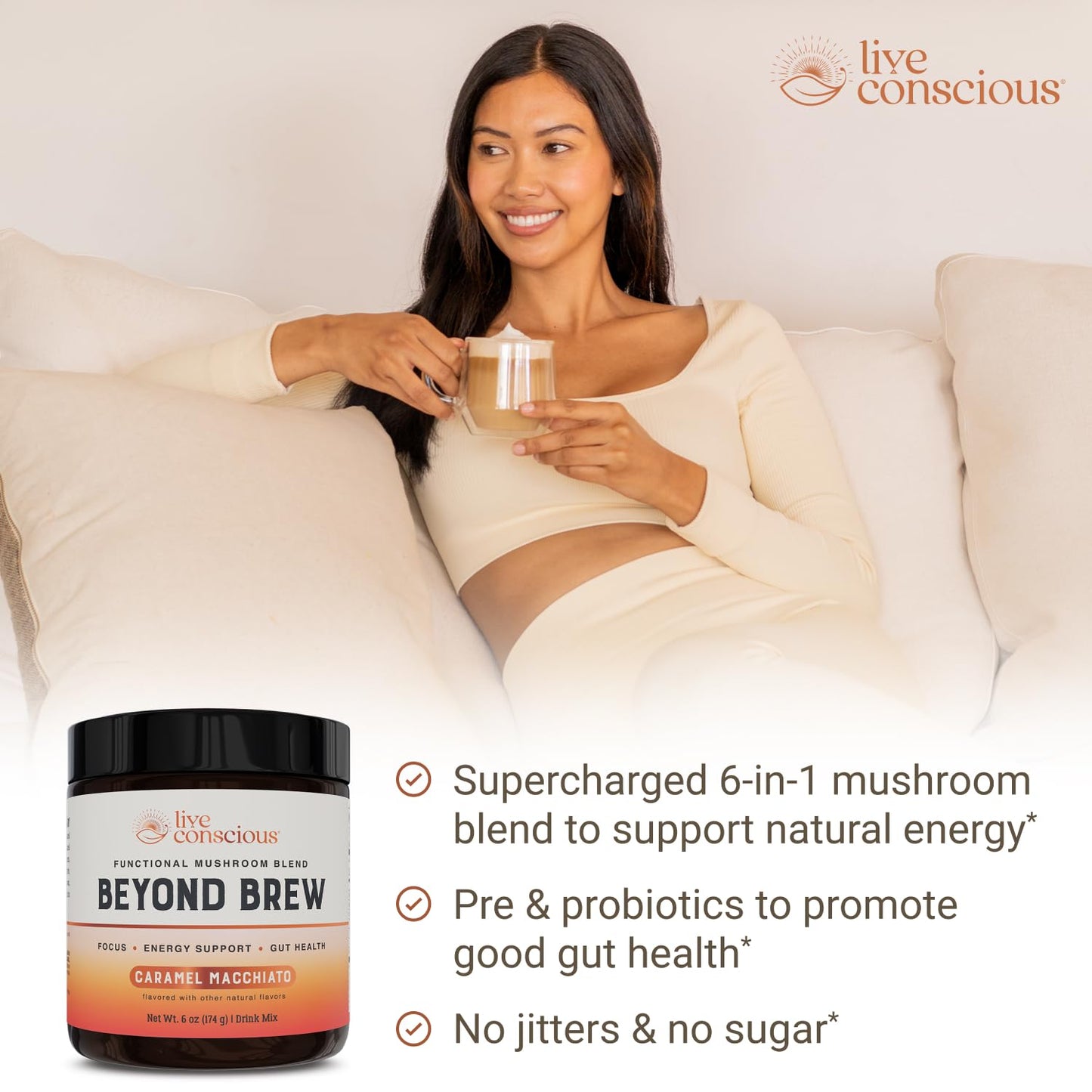 Live Conscious Beyond Brew - Coffee Alternative - Low Caffeine - Mushroom Complex w/Lion’s Mane, Reishi, Cordyceps & Chaga for Sustained Focus, Energy & Immunity - w/Prebiotics & Probiotics - 30