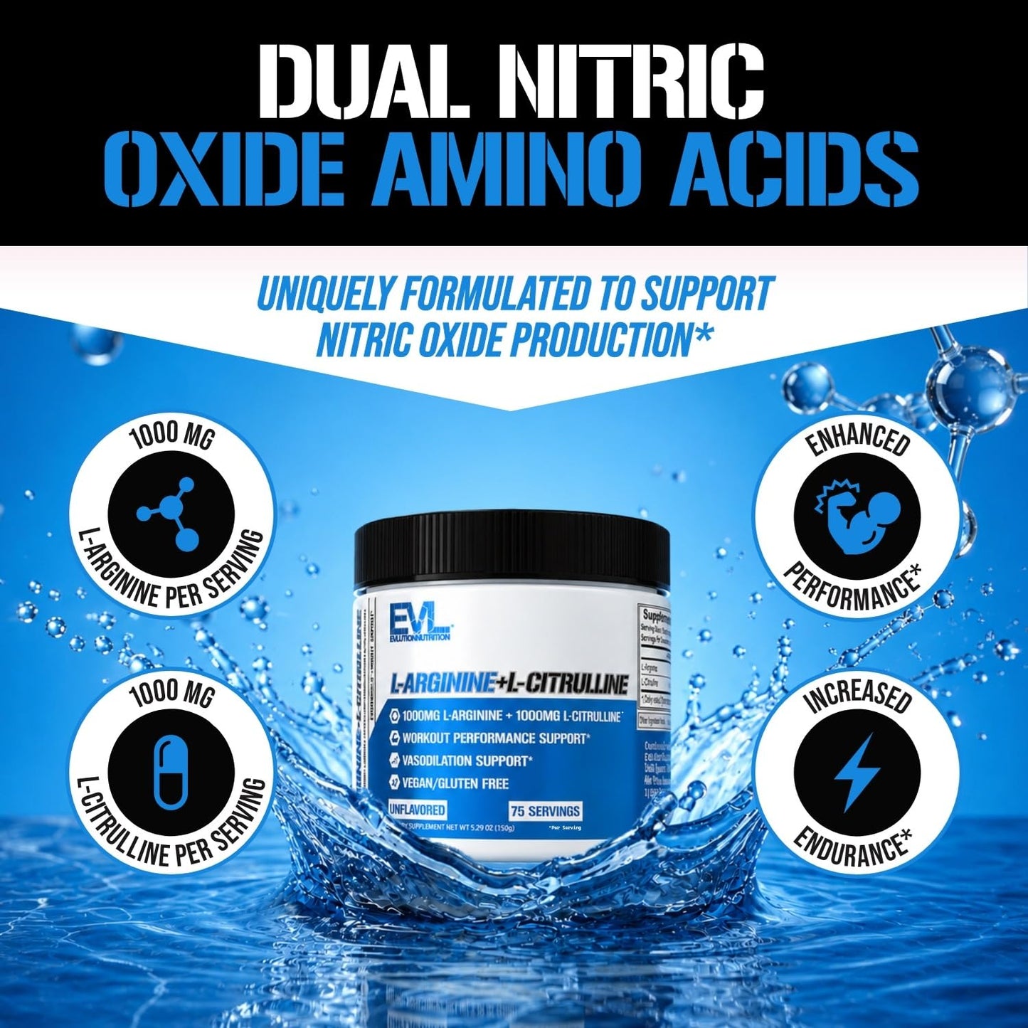 L Arginine L Citrulline Powder - Invigorating Nitric Oxide Powder with Ideal 1:1 Ratio L-Citrulline & L-Arginine 1000mg Each Per Serving for Enhanced Pumps Energy & Stamina (Unflavored, 75 Servings)