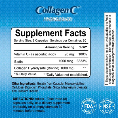 ALFA VITAMINS CollagenC Collagen Hydrolysate Capsules with Biotin - Anti-Aging Nutritional Supplement for Skin, Nails & Hair Rejuvenation - Supports Bone & Muscle - Made in USA - 180 Capsules - 1 Pack
