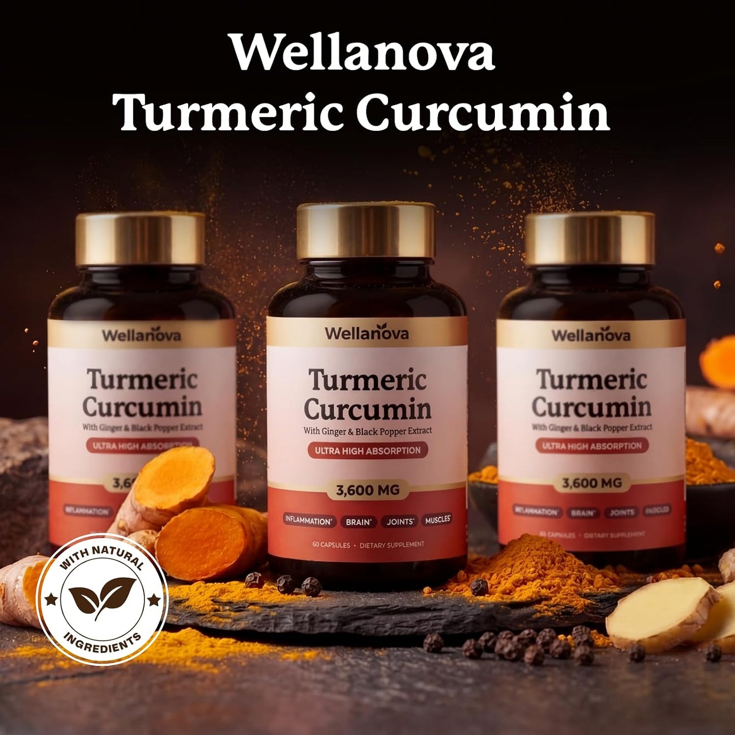 Turmeric Curcumin Supplement with Ginger & Black Pepper Extract 3,600 mg | Ultra High Absorption, Inflammation, Joint & Muscle Support, 60 Capsules