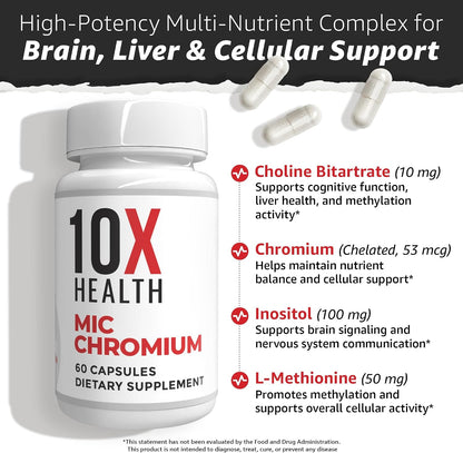10X Health Mic Chromium - 60 Capsules | Choline Inositol: L-Methionine, Daily Nutritional Support, 60 Capsules, Non-GMO